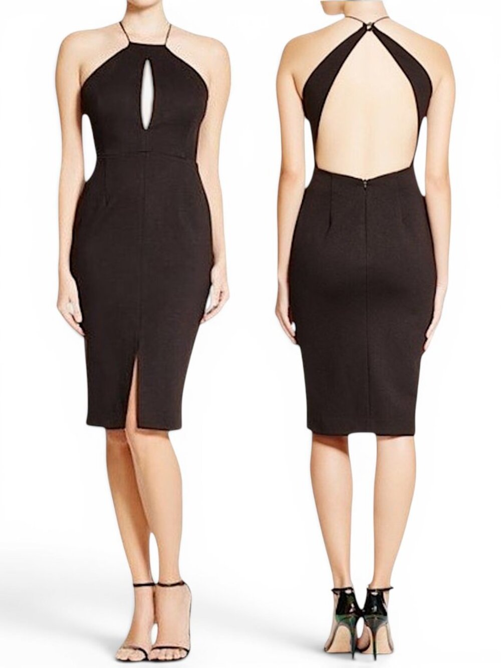 N / Nicholas Black Ponti Rouleau Dress Halter Slit Keyhole Bodycon Sheath Size 0